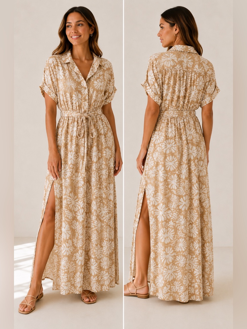 Aakaa Floral Utility Maxi Dress in Beige and White L